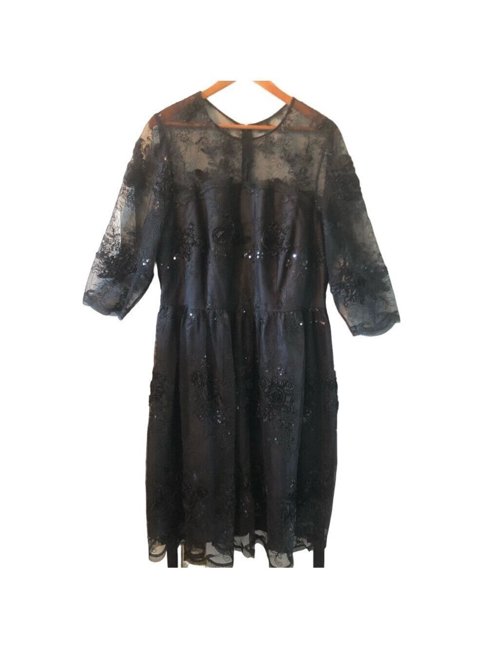 Black Lace Special Occasion Dress with Sequins Size 16W Midi Elbow Sleeves - Picture 8 of 13